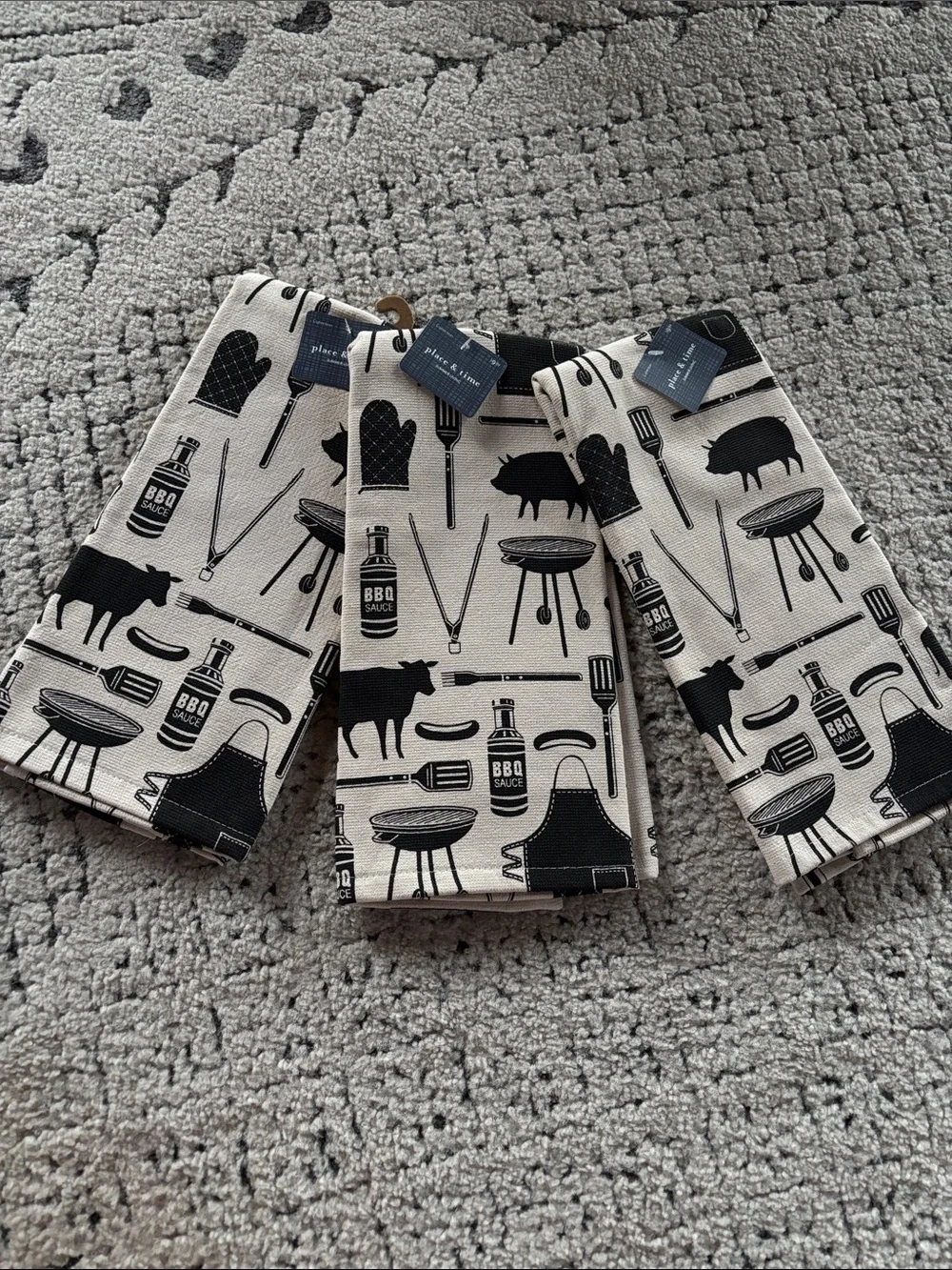 NWT Black & Cream BBQ Print Kitchen Towels 3 PC